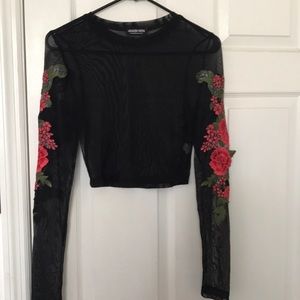 Fashion Nova mesh rose appliqué long sleeve crop